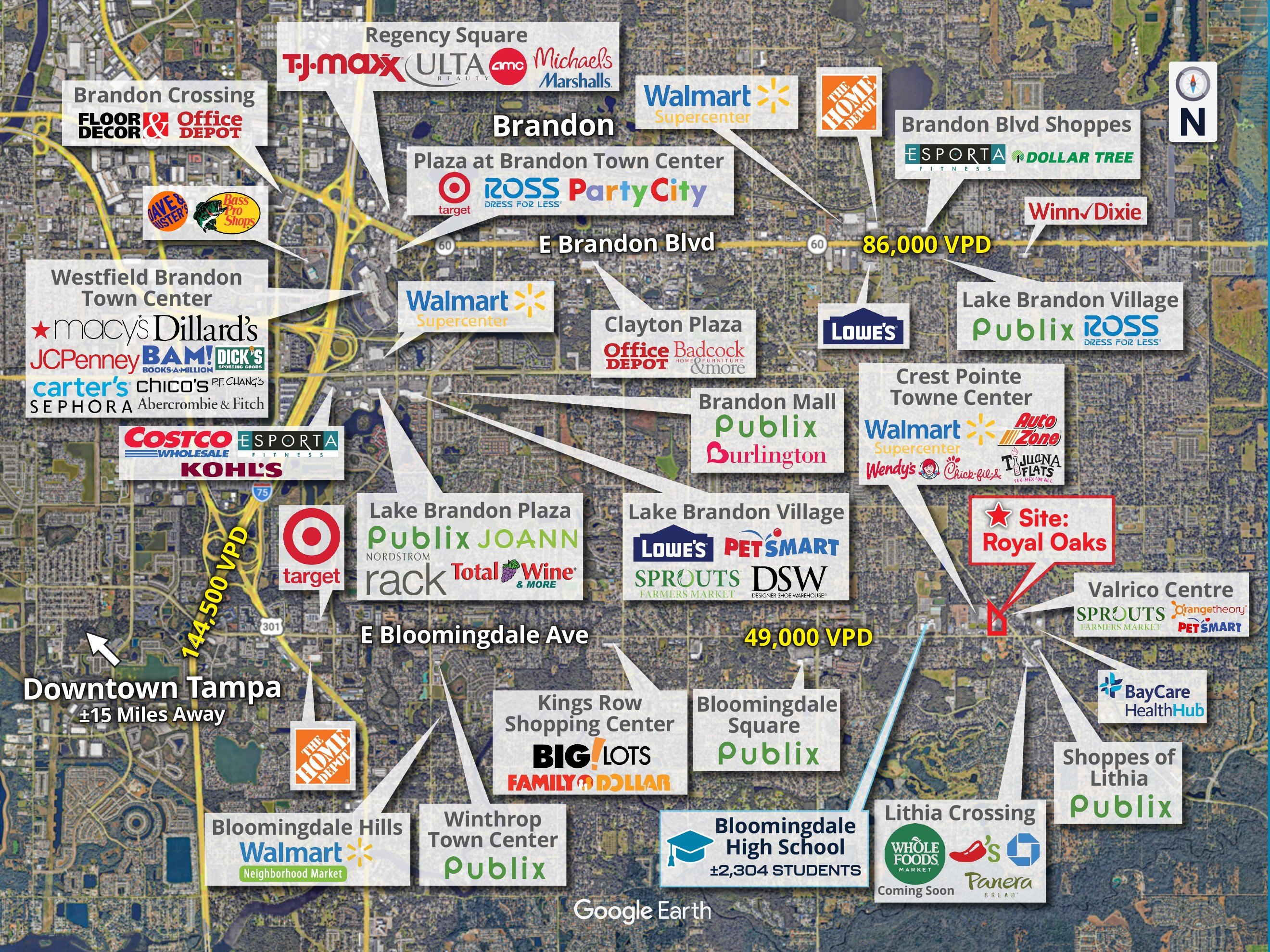 Labeled market aerial of Valrico and Brandon retail surrounding Royal Oaks